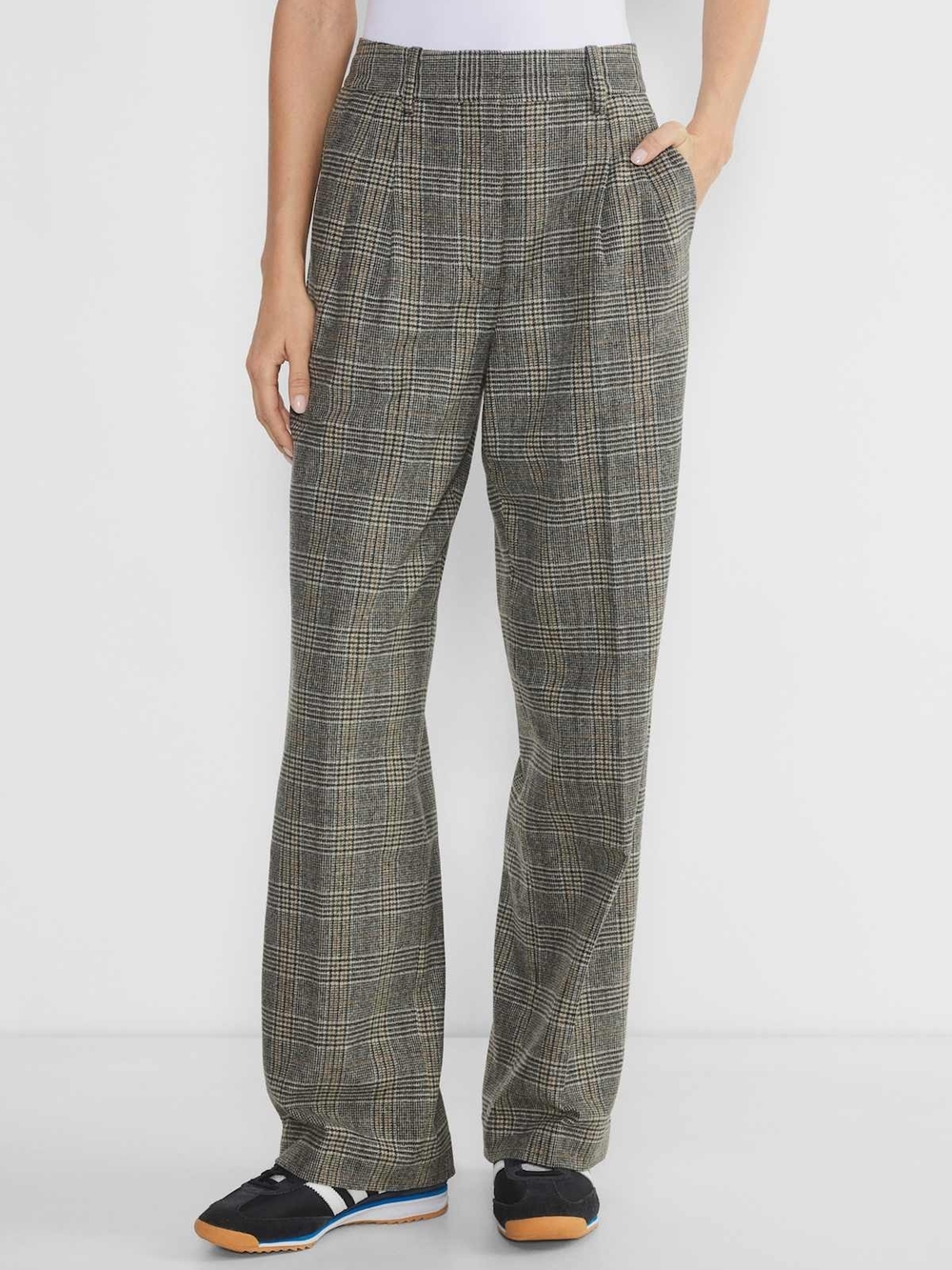 Aritzia The Effortless Pants Wool High-Rise Gray Plaid Wide-Leg Trousers Size 10